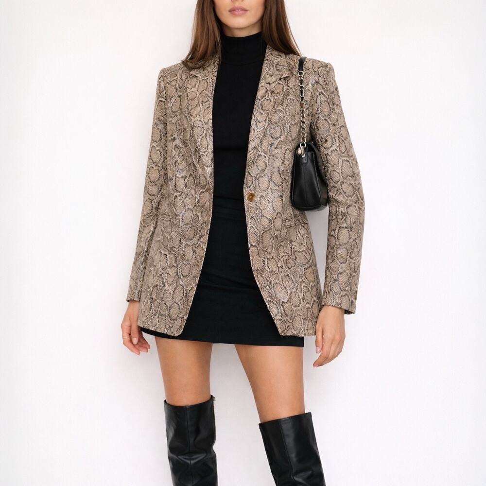 Ronny Kobo Annabelle Snakeskin Print Faux Leather Longline Blazer Jacket M Taupe
